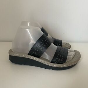 Earth Spirit Black Slip On Leather Womens Sandals Comfort Wedge Summer